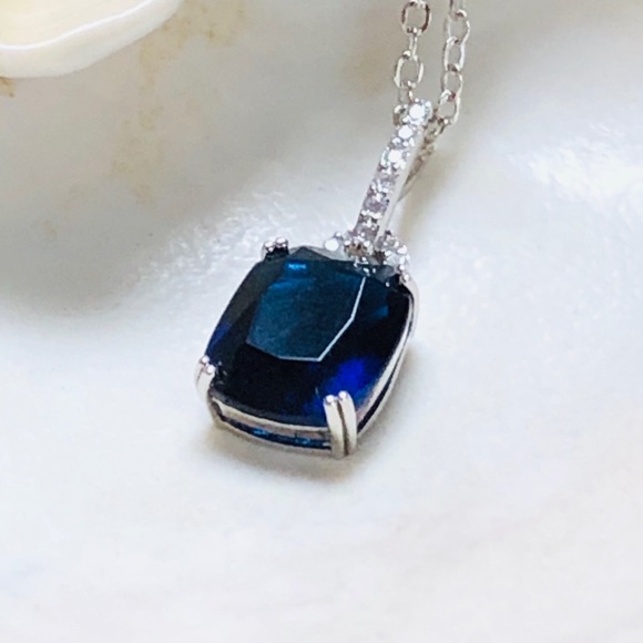 Set 925 S Silver Sapphire Necklace/Earrings - Picture 3 of 4